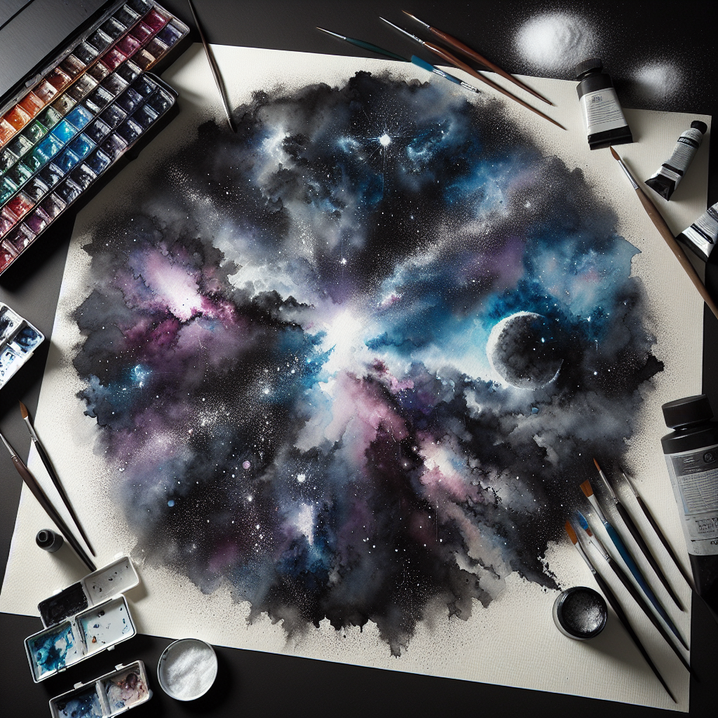 Celestial Voyage — reverse coloring page watercolor background