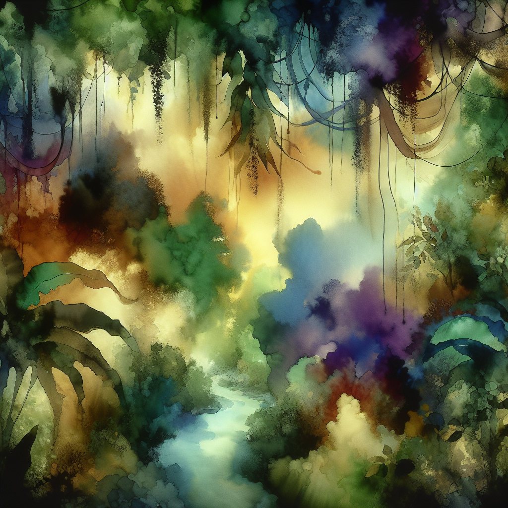 Veiled Canopy Whispers — reverse coloring page watercolor background