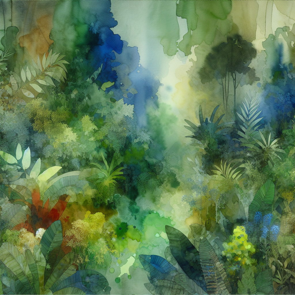 Veiled Verdure — reverse coloring page watercolor background
