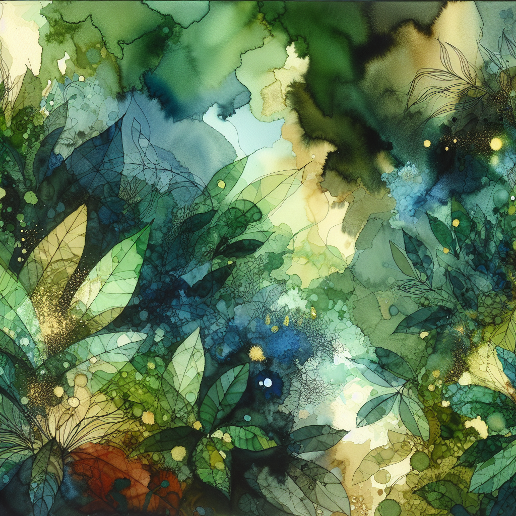 Verdant Whispers — reverse coloring page watercolor background