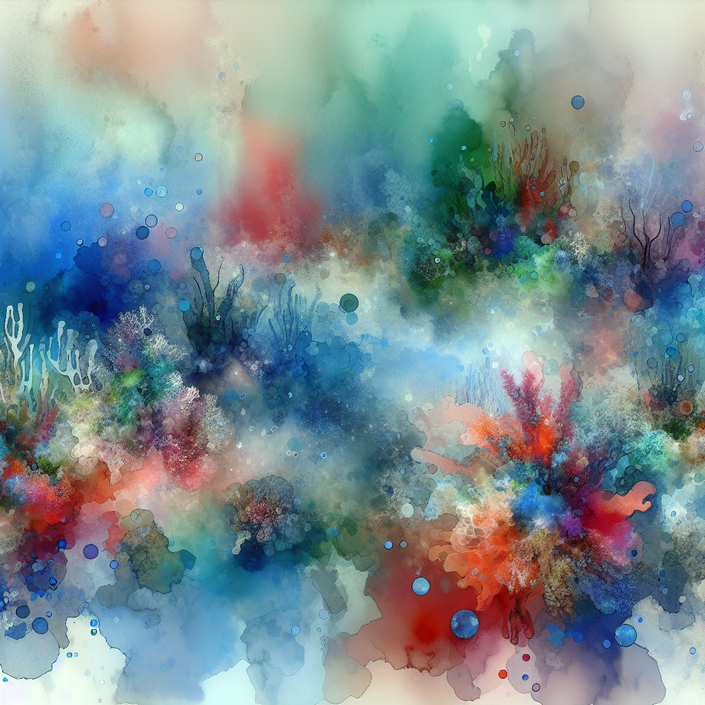 Vivid Depths: A Symphony of Oceanic Reefs — reverse coloring page watercolor background