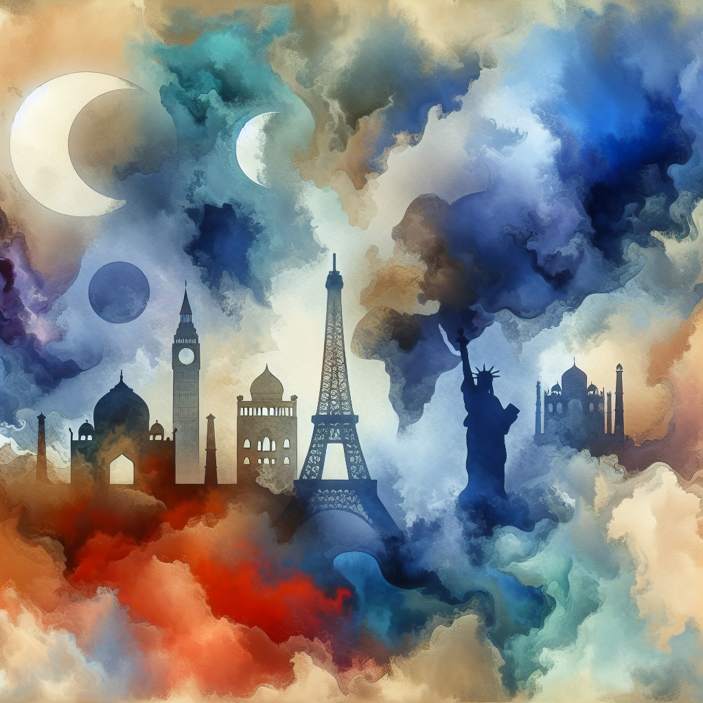 Whispers of the World — reverse coloring page watercolor background